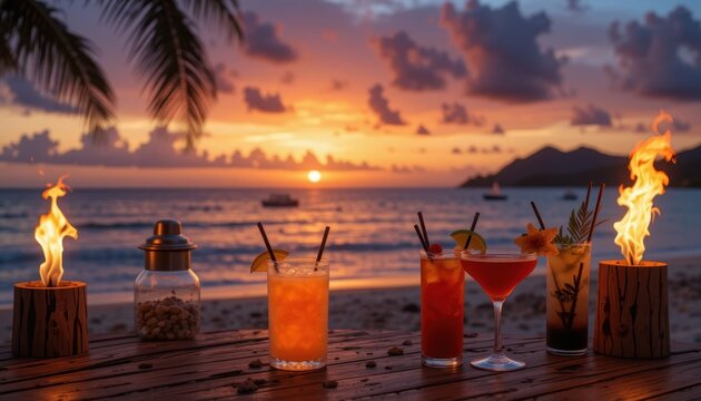 Tropical sunset cocktail party beachfront social event relaxing atmosphere scenic view leisure concept