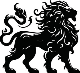 Obraz premium Royal heraldic lions. Black silhouette of rampant lion and griffins for logo or coat of arms. Premium wild animal crest symbol. Flat vector illustration collection isolated on white background
