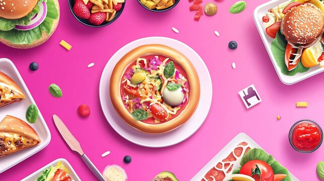 Vibrant Pink Food Flat Lay with an Array of Delicious Culinary Creations