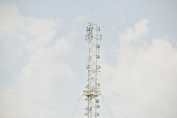 Telecommunication tower of 4G and 5G cellular. Antenna transmission communication. Cell phone signal base station.