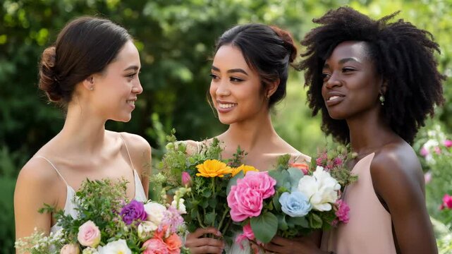 Three women with different hair types are smiling and posing for a photo. They are wearing white dresses and holding flowers in their hands. The flowers are arranged in vases