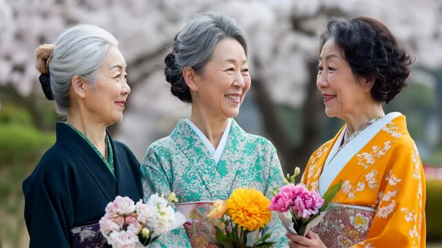 Three women in traditional Japanese clothing are smiling and holding flowers