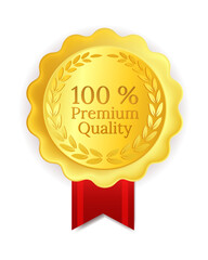 gold medal with the inscription 100% premium quality