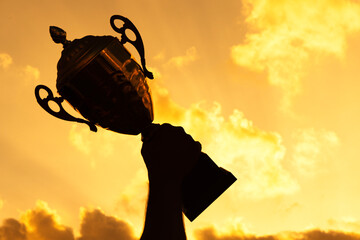 Holding golden trophy represents success and win