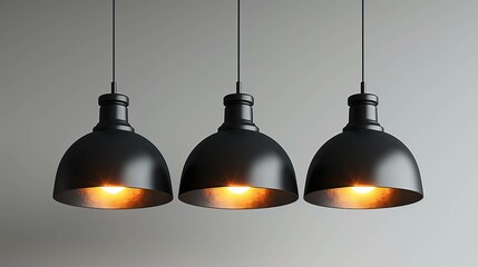 Three black lamps with yellow lights are hanging from the ceiling