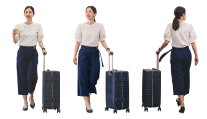 Full body adult asian businesswoman walking with luggage isolated cutout transparent background
