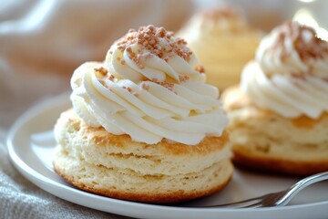 Delicious biscuit with a swirl of vanilla frosting and sprinkles on a white plate. Use it for blog posts about baking, cafes, or sweets dessert.