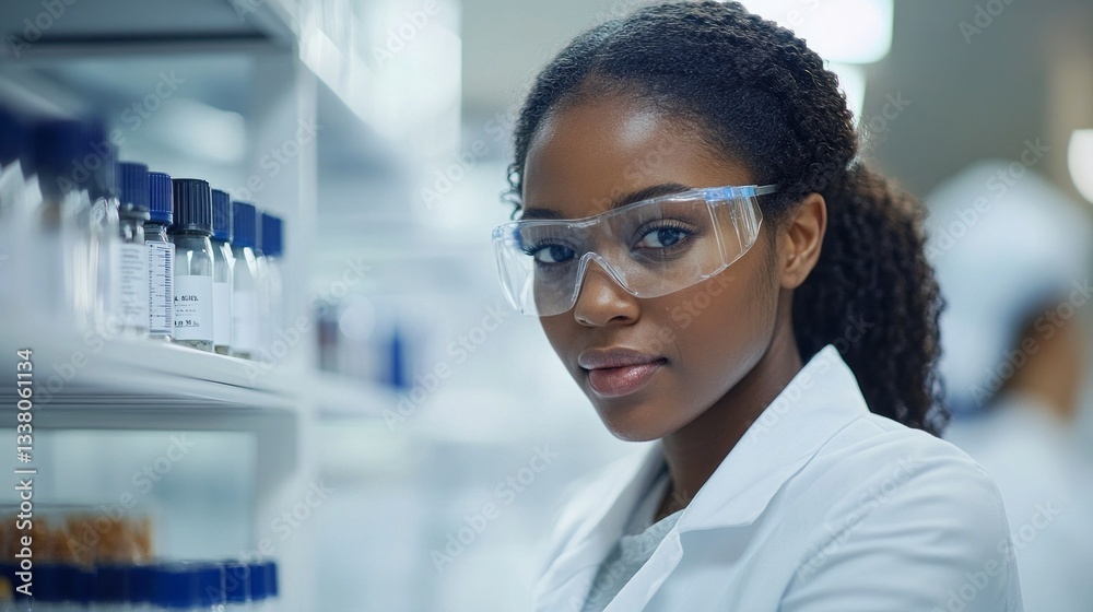 Poster focused and determined, a young scientist in a white lab coat examines vials on a shelf in a bright,