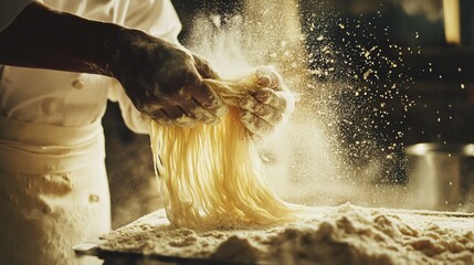 Hands Preparing Fresh Handmade Pasta with Flour and Motion Blur