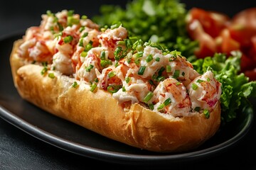 Delicious Lobster Roll with Chives Served on a Crusty Bun Close Up Shot