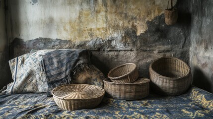 Wicker baskets on textured bedding, in an old room with plaster walls. Use for home decor, rustic, or vintage themed designs or presentations.