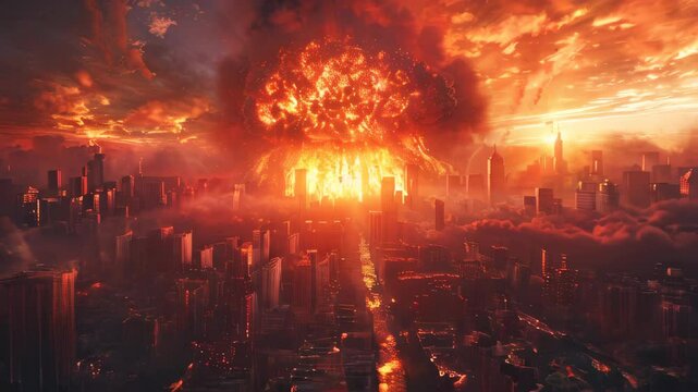 video of realistic digital illustration depicting a nuclear explosion at the heart of a metropolis, symbolizing the onset of an apocalypse against a fantastic background