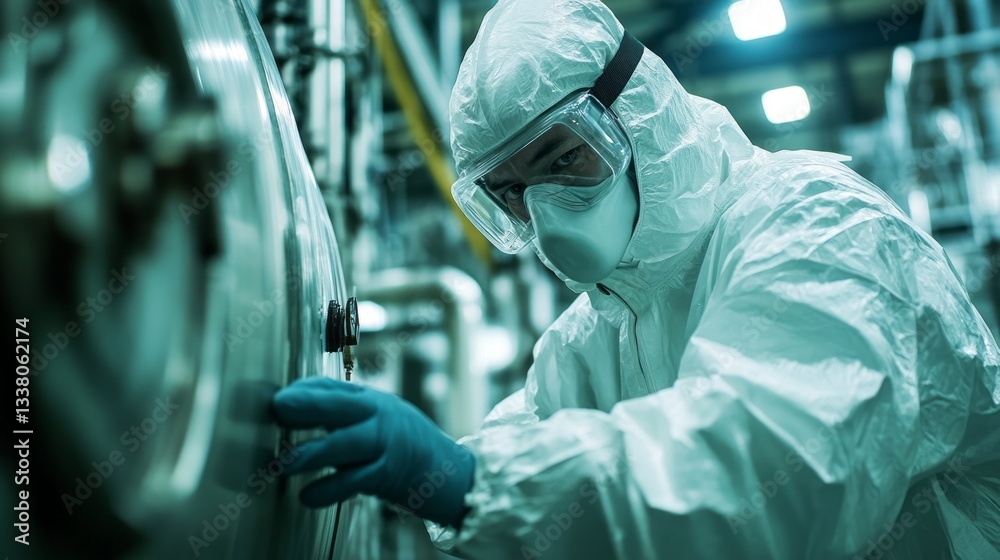Poster dressed in protective gear, a technician is focused on the control panel of complex machinery in a h