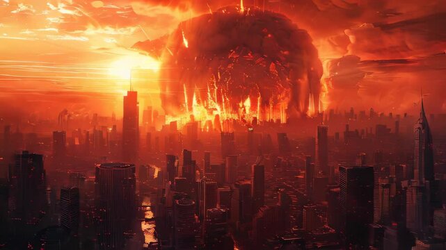 video of realistic digital illustration depicting a nuclear explosion at the heart of a metropolis, symbolizing the onset of an apocalypse against a fantastic background