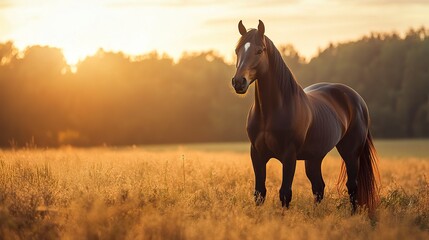 A regal bay horse stands in an open pasture, its proud stance and attentive expression captured in perfect detail, with golden sunset hues in the background, cinematic mid-range shot.  