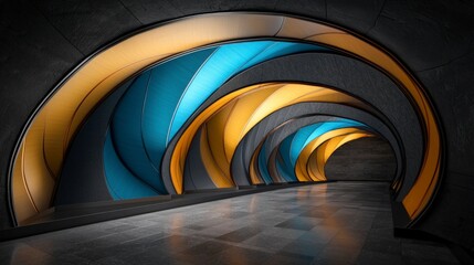 Obraz premium Abstract Swirling Tunnel Gold Blue Gray Architectural Design