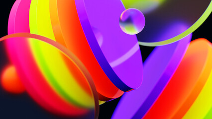 vibrant abstract artwork featuring floating translucent geometric shapes in neon purple, pink, yellow, and orange against a dark background, creating a futuristic and dynamic visual effect. 3D Render
