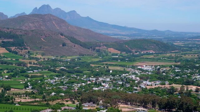 Franschhoek historic country town nestled in wine valley, view from pass