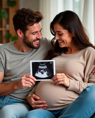 A happy couple sitting on a couch, holding a baby ultrasound photo together while smiling with excitement. The pregnant woman rests her hand on her belly