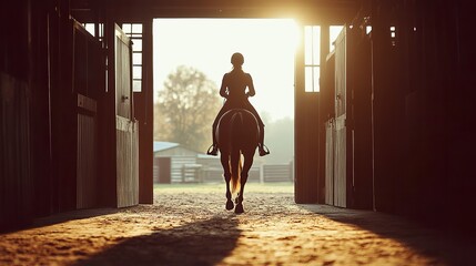 A rider in full equestrian attire guides her saddled horse toward the exit, the stable doors framing their silhouettes against the bright sky, dynamic mid-range shot.  