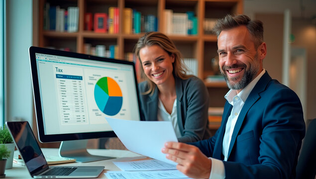A cheerful accountant explaining tax deductions to a client in a modern office. A computer screen displays tax return details, and the background features bookshelves filled with financial guides