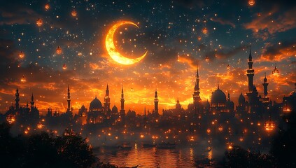 Fototapeta premium Sunset Skyline with Crescent Moon and Silhouetted Minarets