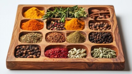 spices and herbs on wooden spoons