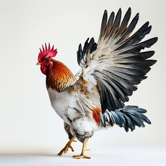 A rooster flapping its wings, frozen motion, soft lighting, detailed feathers, full-body shot, white backdrop. 