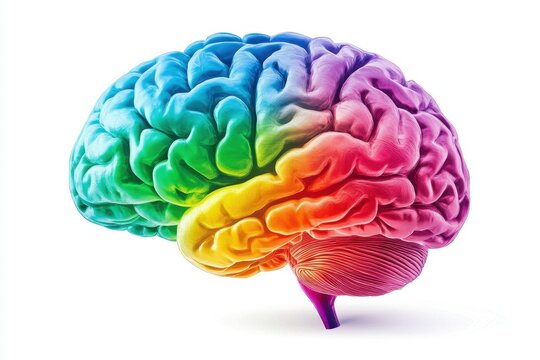 Human brain illustrated with vibrant rainbow colors on a white background. Use to convey concepts like creativity, ideas, learning, and mental health.