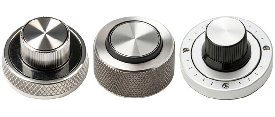Set of three metallic knobs on a transparent background