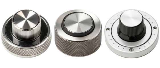 Set of three metallic knobs on a transparent background