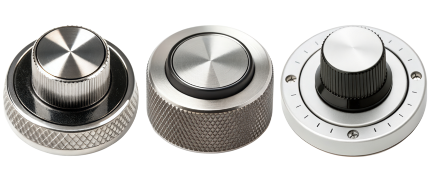 Set of three metallic knobs on a transparent background