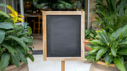 Empty Blackboard with Wooden Frame at Restaurant Door