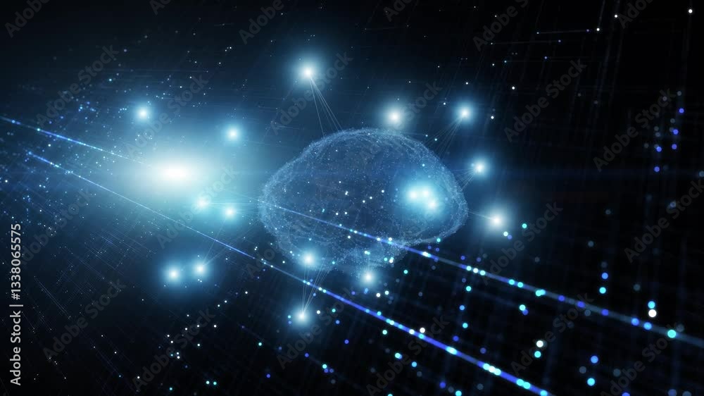 Poster shiny dgital tech looped lines network with human brain animation background.