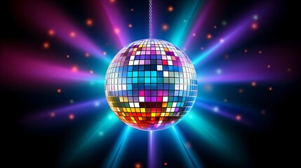 A dazzling disco ball spinning under vibrant purple and blue lights, radiating energy and celebrating the thrill of a night out on the dance floor.