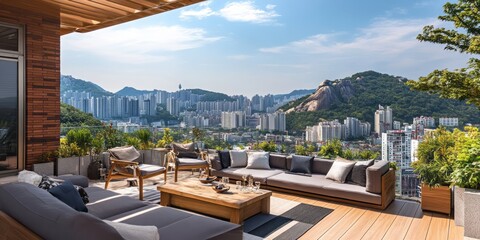 Fototapeta premium Luxurious outdoor living space with beautiful city and mountain views