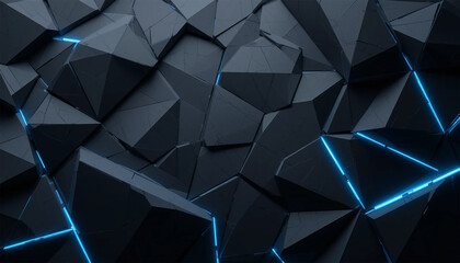 A dark, futuristic geometric background composed of interlocking three-dimensional triangular shapes