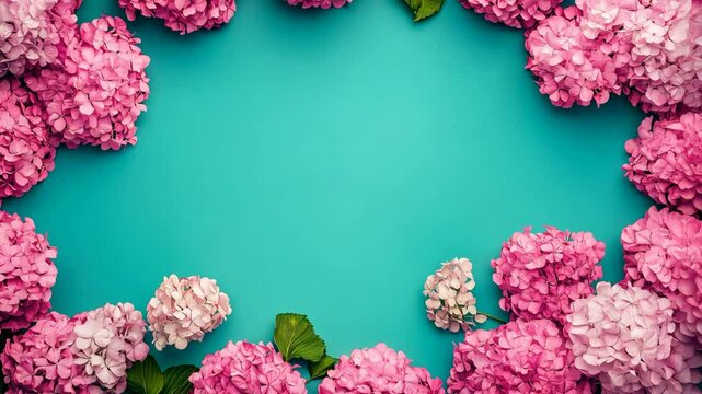 spring theme background, pink  hydrangea flower frame on blue background