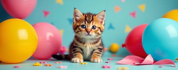 Adorable kitten surrounded by colorful balloons at festive birthday celebration, happy, joyful