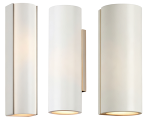 Three white cylindrical wall lights on a transparent background