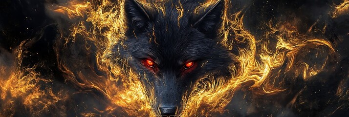 Fiery Black Wolf with Red Eyes Encased in Golden Gothic Tattooed Abstracts