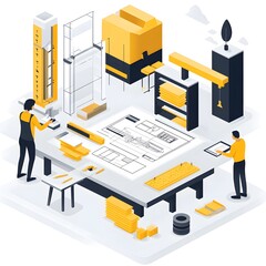 Architects Collaborating on Blueprint Isometric 3D Illustration of Construction Planning