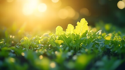Obraz premium Vibrant Green Lettuce Plants Illuminated by Golden Sunset Light in a Lush Garden