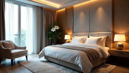 A sophisticated bedroom with plush bedding, soft lighting, and sleek furniture, luxury, elegant
