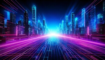 A futuristic digital abstract background featuring a glowing neon cyberpunk city grid