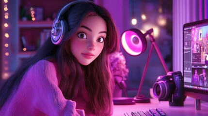 3D cartoon style, Stylish girl video blogger near computer in home studio lit by round LED neon lamp, camera and microphone nearby