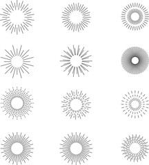 Vintage sunburst set. Bursting rays sunrise firework starburst blast, Radiant Spark. Rays. Geometric Design Elements. Retro radiant sunburst, starburst hand drawn label, sun rays.