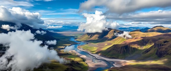 Fototapeta premium Aerial view of Kirkjubæjarklaustur's volcanic valley, river, mountains, clouds, serene, remote