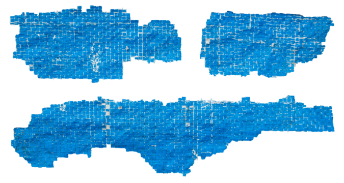 Weathered Torn Blue Tarpaulin with Grid Texture, Aged and Fragile Plastic Sheet. Element For Creative Project, Copy Space for Text.