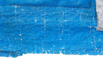 Weathered Torn Blue Tarpaulin with Grid Texture, Aged and Fragile Plastic Sheet. Element For Creative Project.